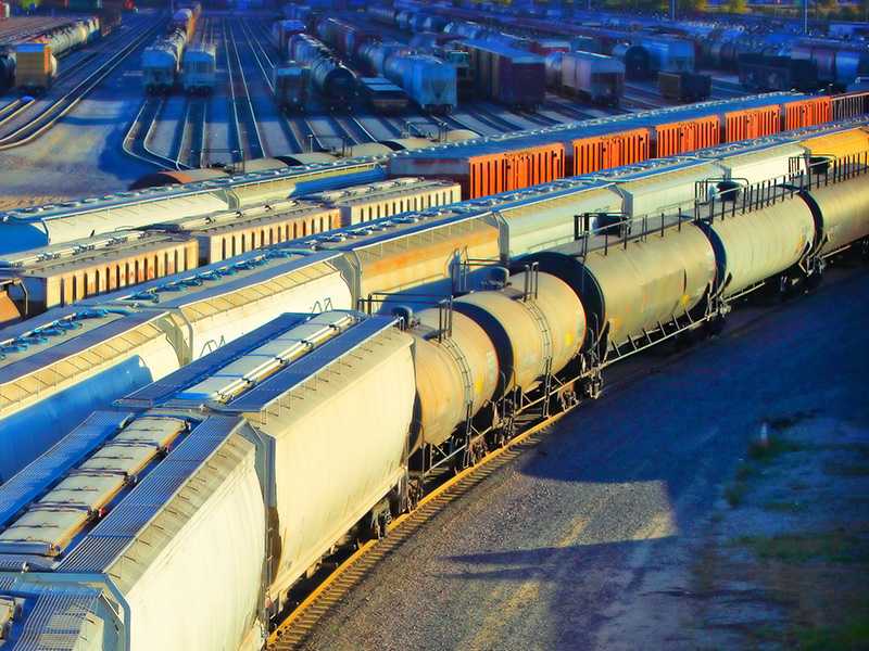Freight trains in a train yard.
